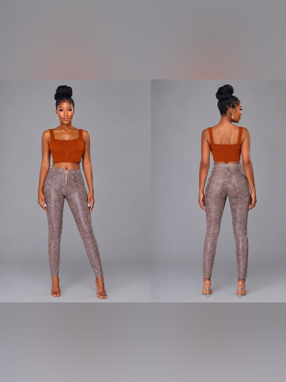 High-Waist Snake Print Skinny Pants - Brown
